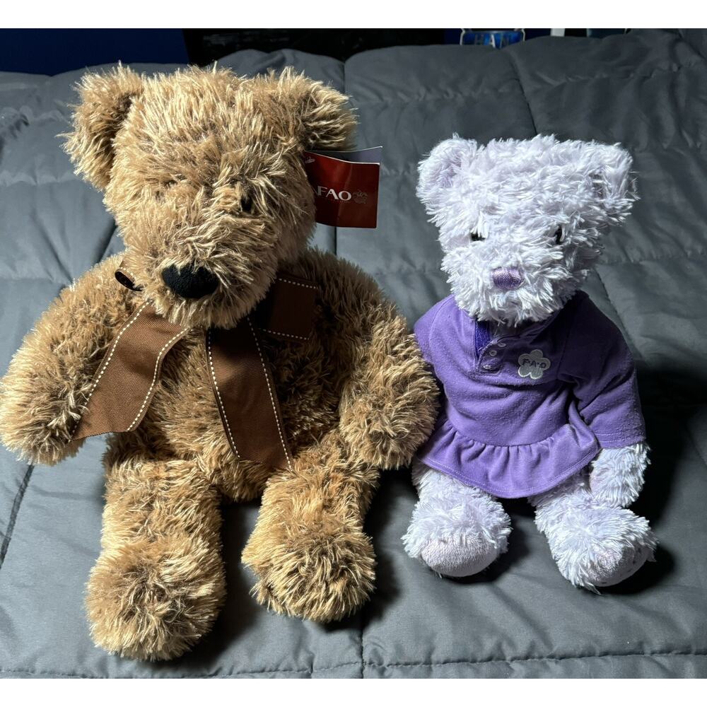 Two FAO Plush Bears: Schwartz 2015 Plush Teddy Bear 18" + Light Purple Toyz R Us